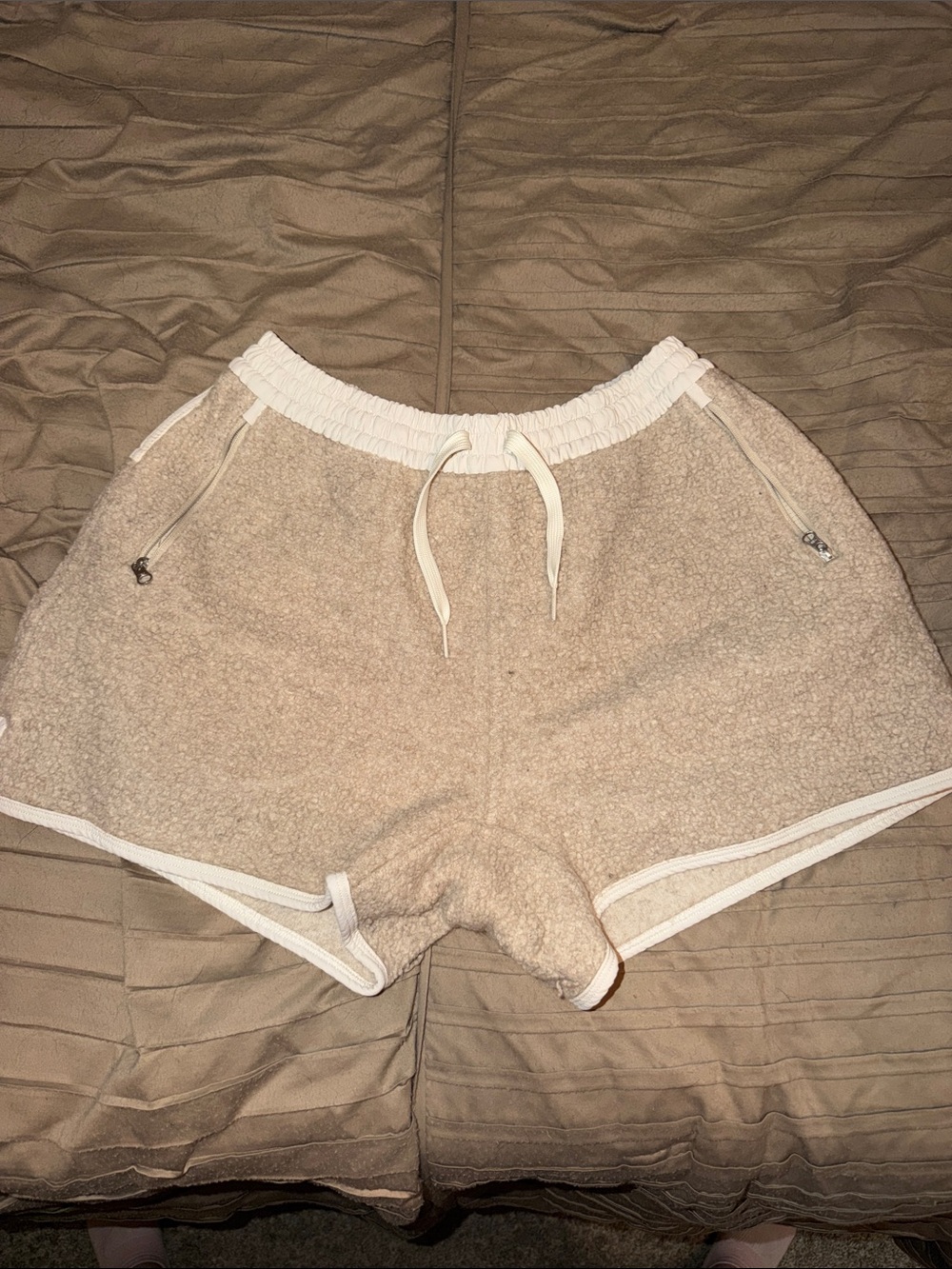 Outdoor Voices Cream Sherpa Athletic Shorts with White Trim